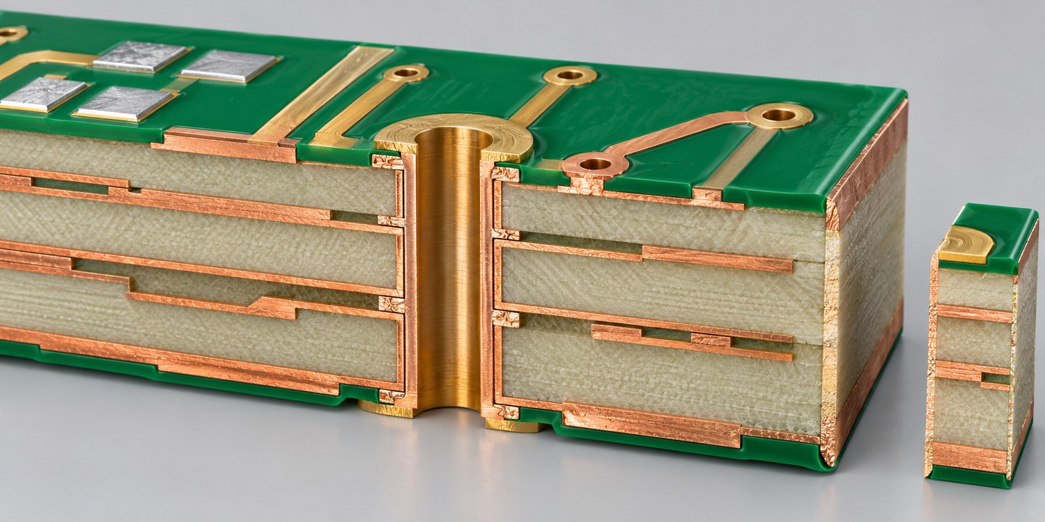 Cutaway of a multilayer rigid PCB showing plated through hole barrel, annular rings, internal copper layers, dielectric, solder mask, and routed edge