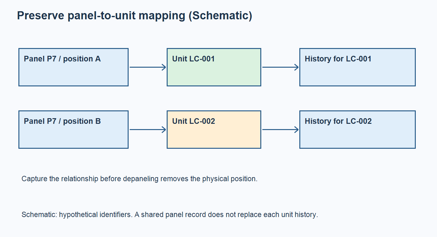 Schematic mapping panel P7 positions A and B to unique controller boards and their separate build records