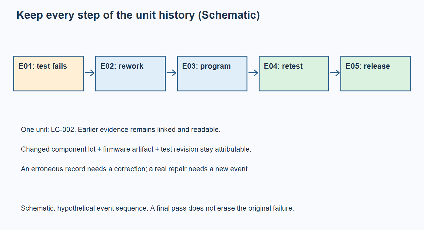 Schematic retaining an initial test failure, authorized rework, programming, retest, and final release as separate linked events