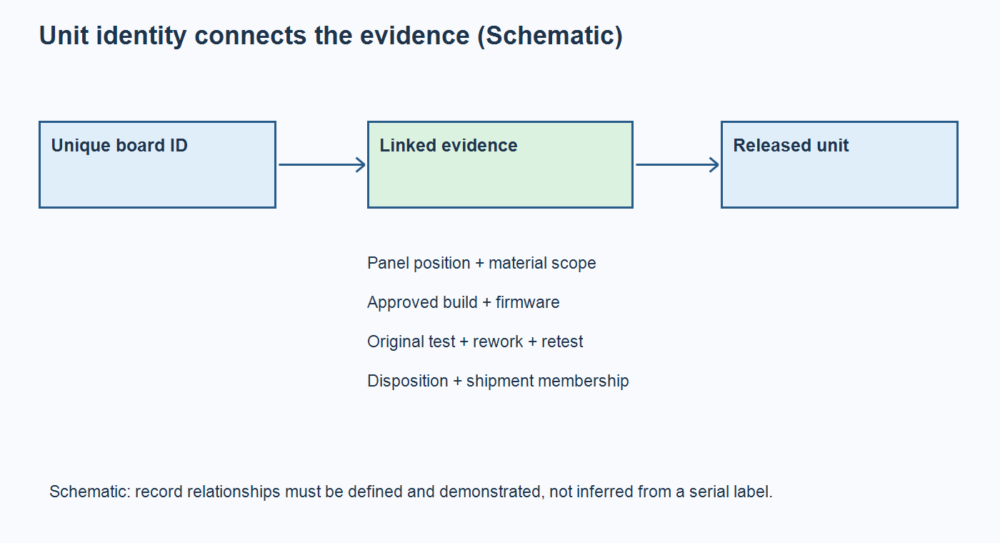 Schematic connecting a unique controller board identity to material, configuration, test, and shipment records
