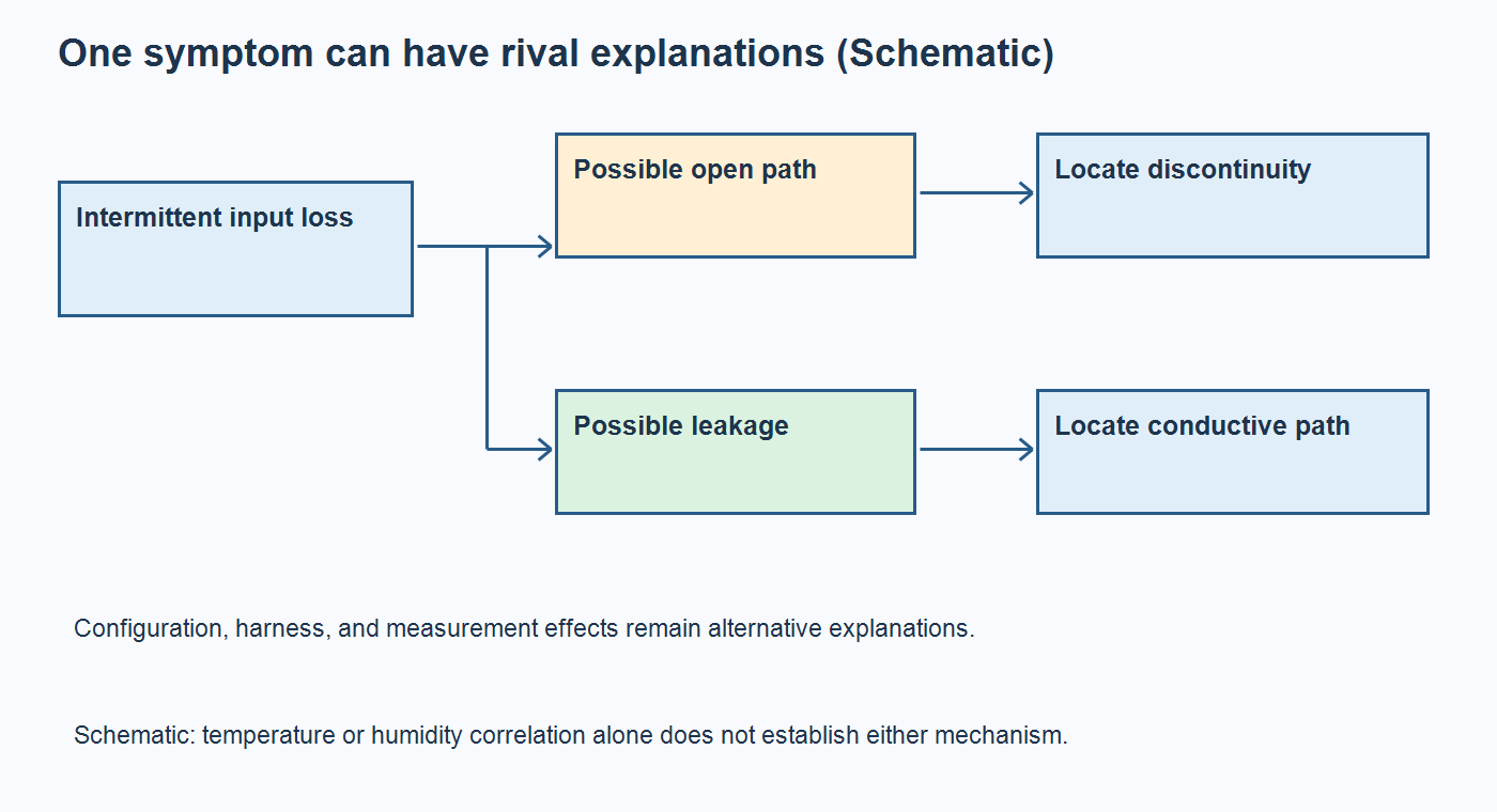 Schematic separating a possible intermittent open from a leakage path and showing the different evidence each hypothesis needs