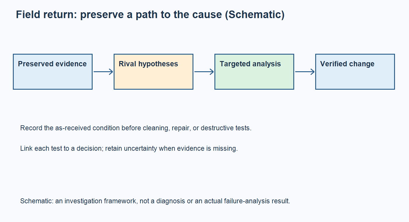 Schematic showing preserved field-return evidence leading to a testable hypothesis, targeted analysis, and verified corrective action