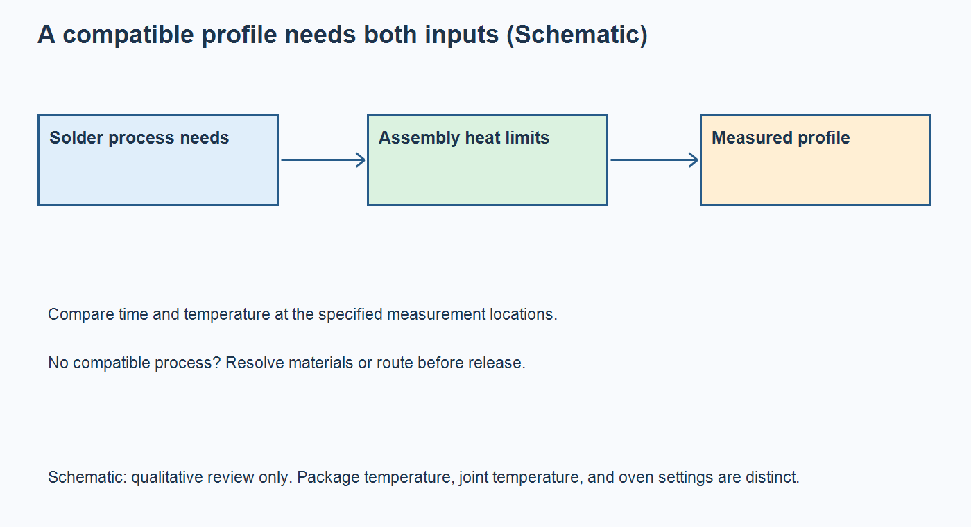 Schematic showing solder process needs and assembly heat limits converging on a measured profile review