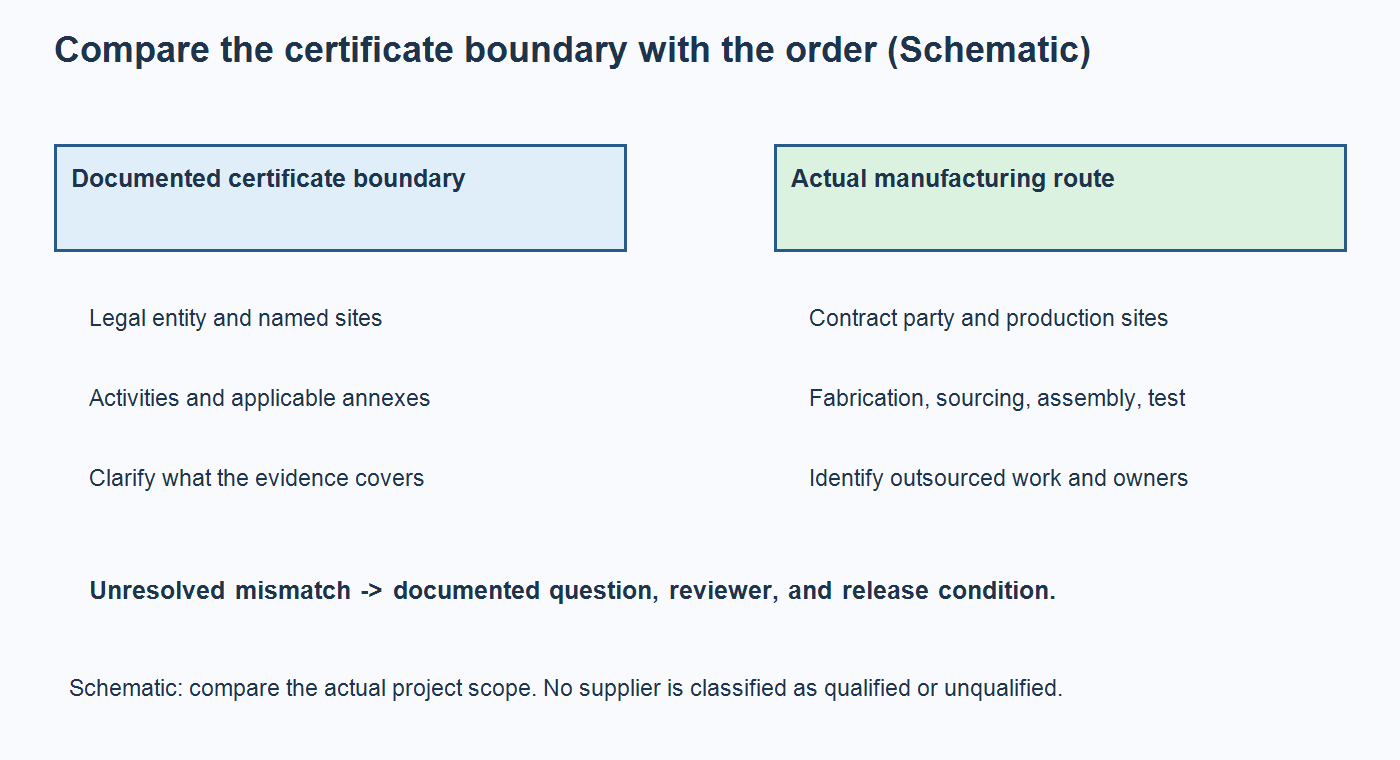 Schematic comparing a certificate boundary with the proposed manufacturing site, operations, and outsourced work