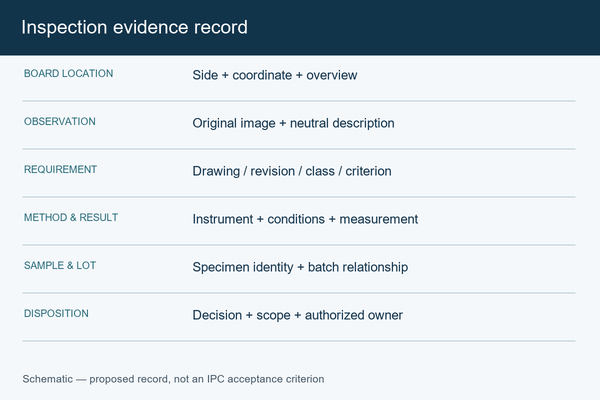 Schematic inspection record linking a board location and image to a criterion, measurement, lot and disposition