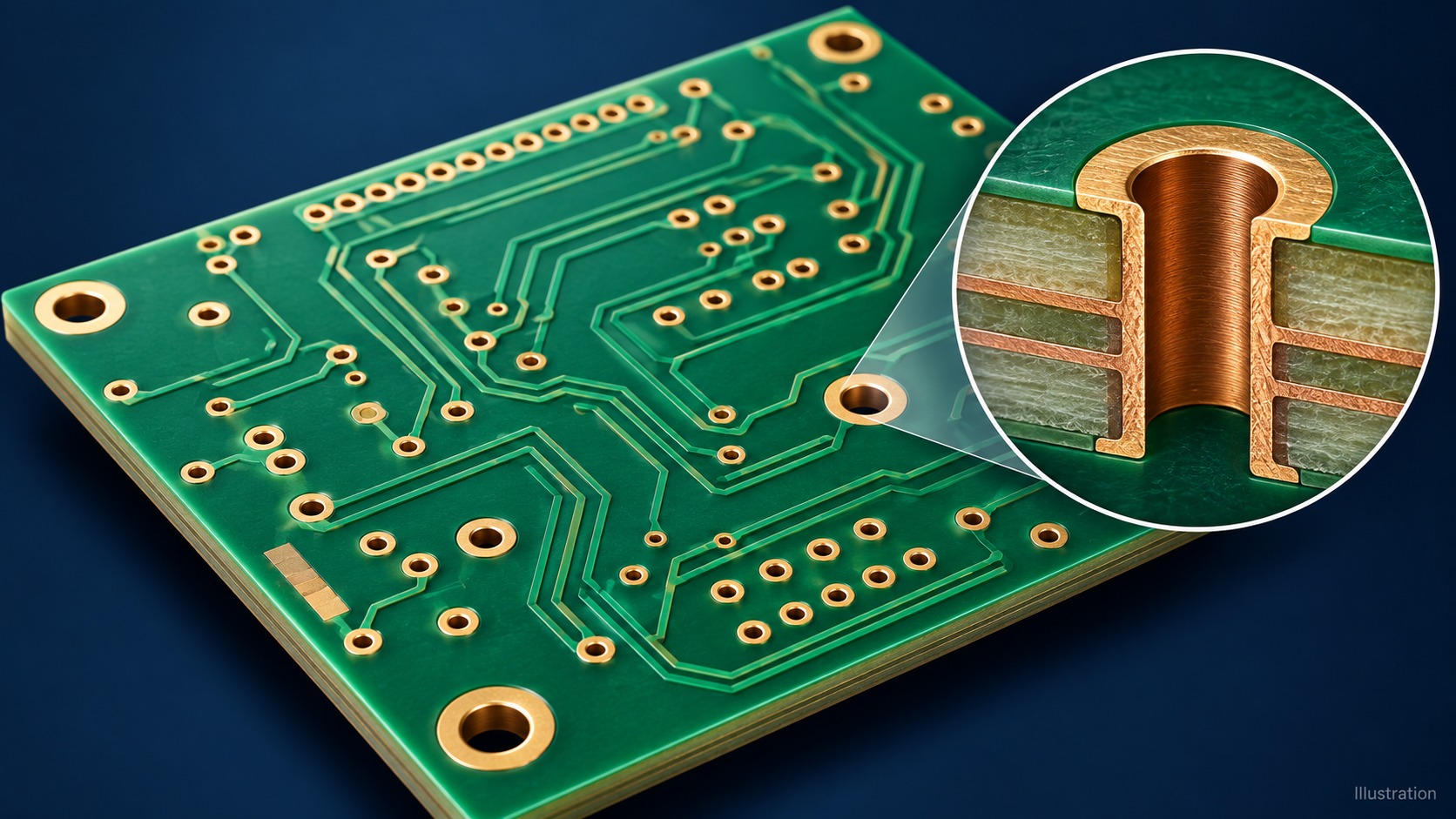 Illustration of a bare PCB with a magnified conceptual cutaway of a plated through hole