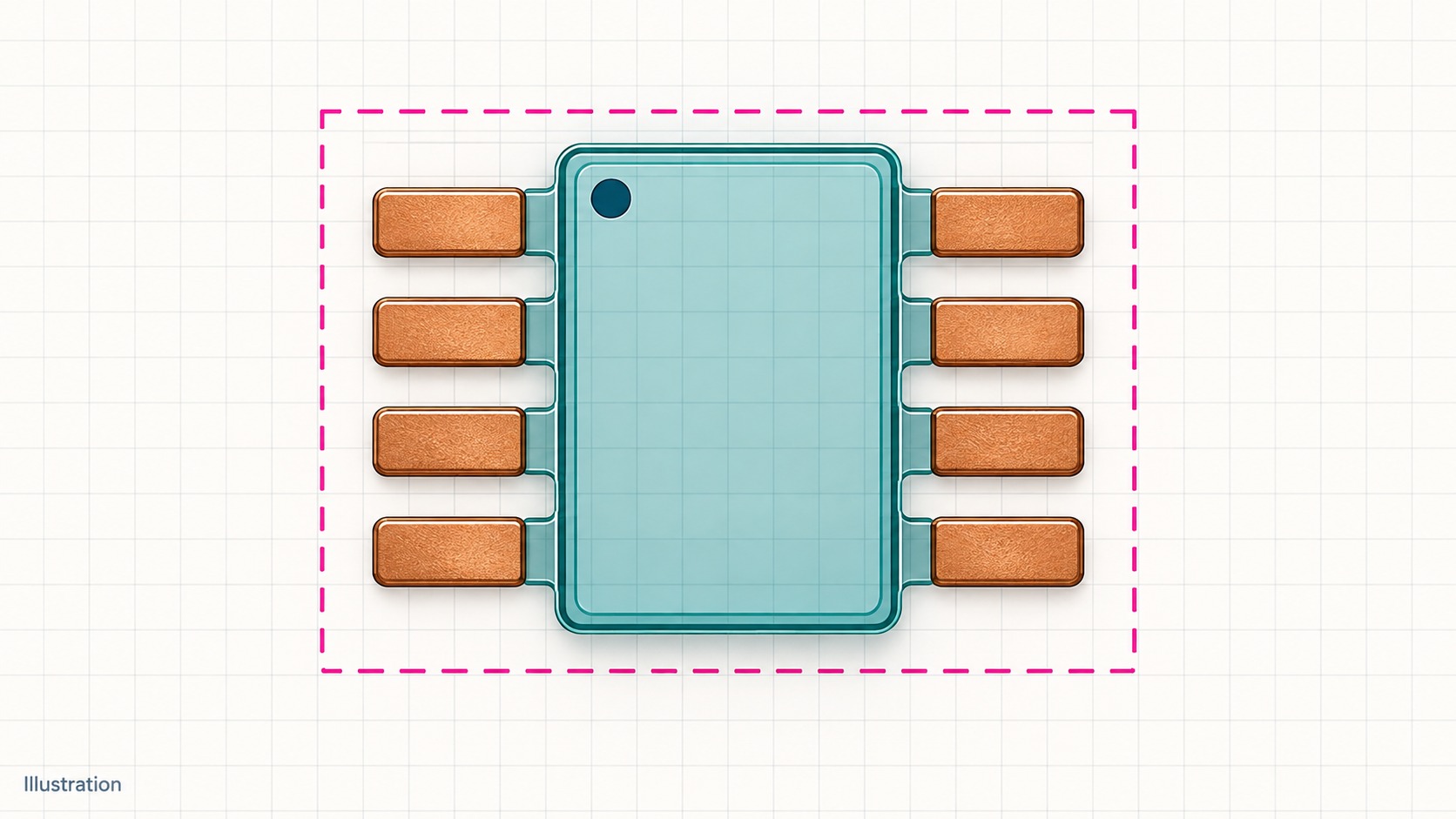 Illustration of eight SOIC copper lands, a component outline and a separate dashed courtyard
