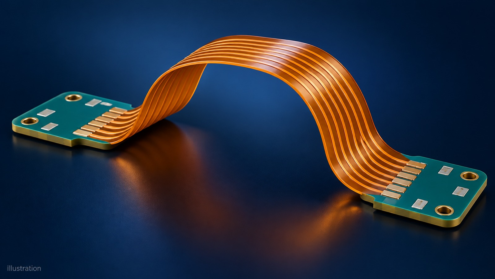 Illustration of an amber flex circuit forming a broad loop between two teal rigid PCB islands