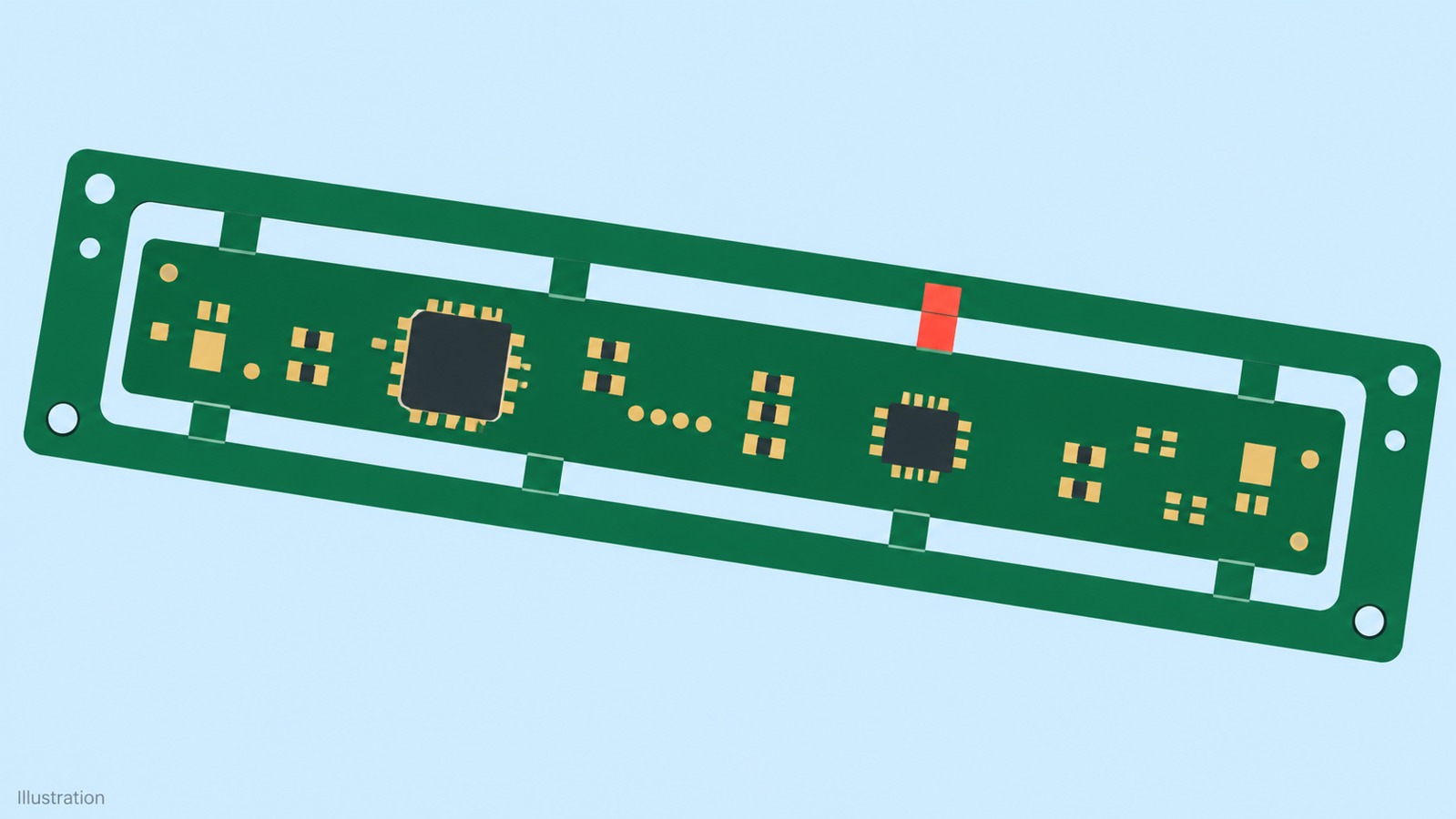 Illustration of a narrow PCB inside a routing frame with open slots and highlighted remaining tabs