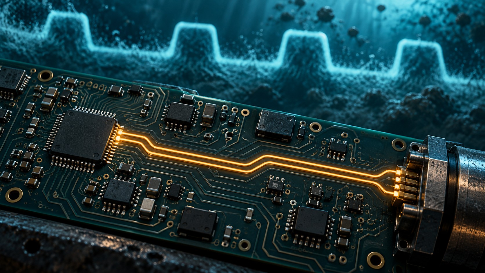 Illustration of a selected amber PCB trace pair beneath a separate mud-pressure waveform