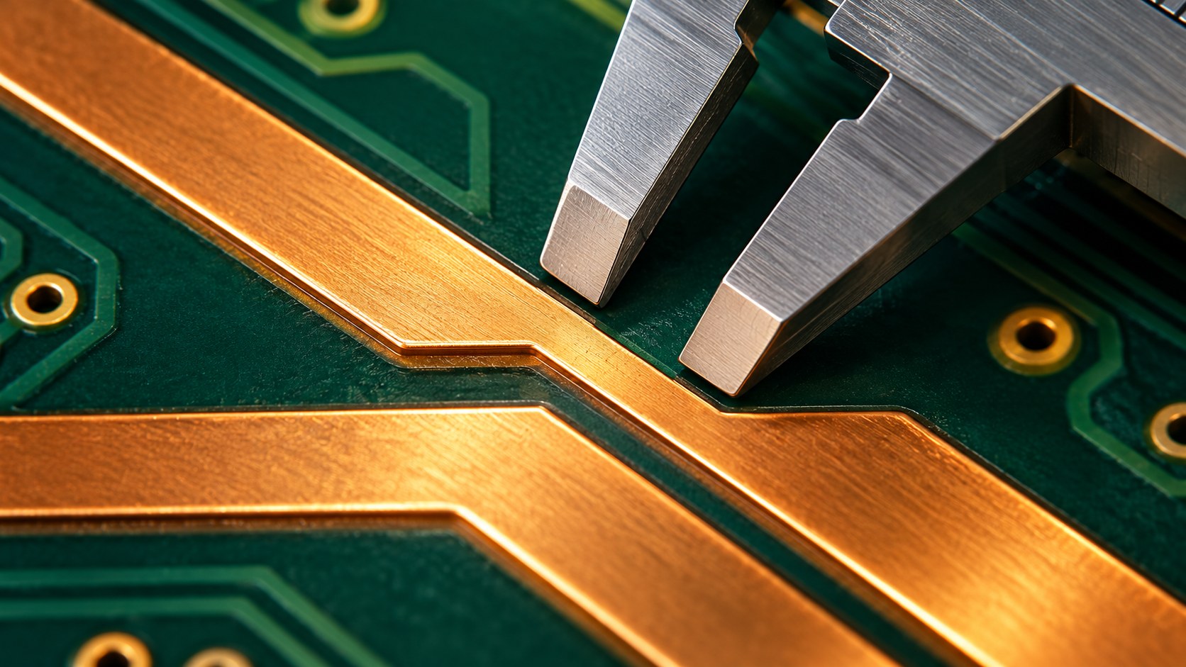 Illustration of two wide copper traces on a PCB separated by a visible gap beneath a precision caliper