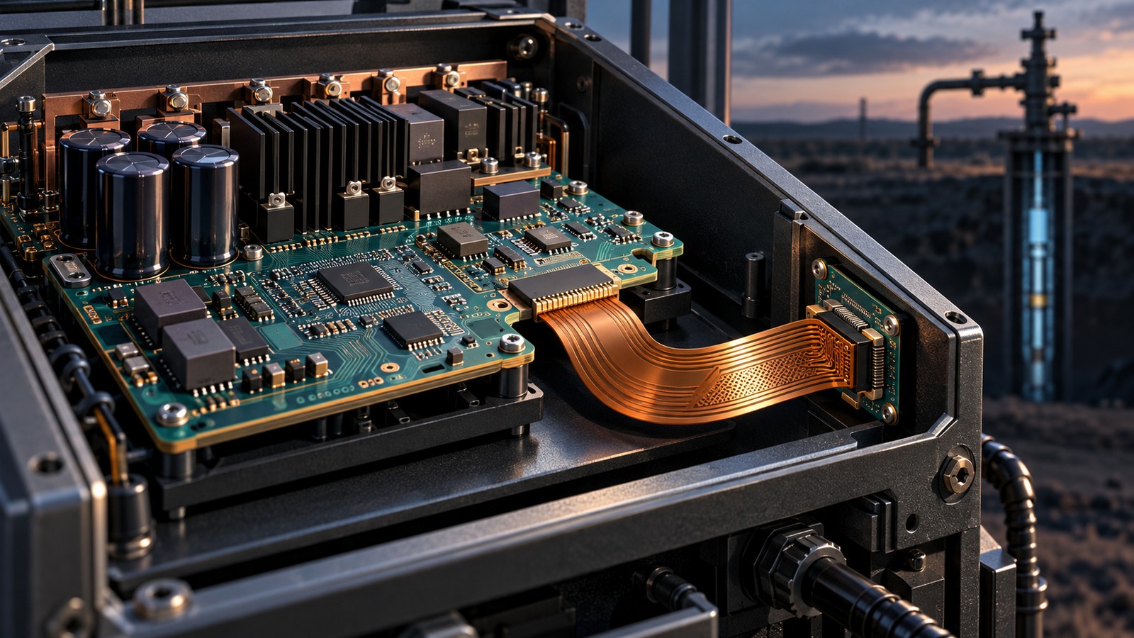 Illustration of an industrial control PCB inside a cabinet connected to a second board by a curved flexible circuit