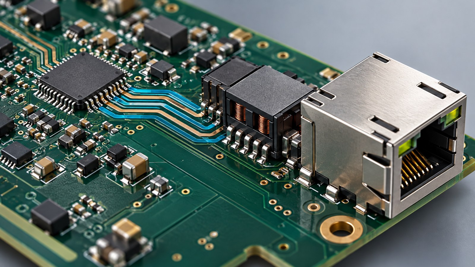 Illustration of an industrial Ethernet PCB with a PHY chip, isolation magnetics, and an RJ45 connector