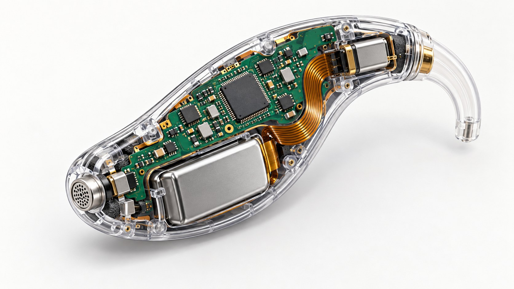 Concept illustration of a compact hearing-aid PCB, flex link, microphone, receiver and battery inside a transparent device shell