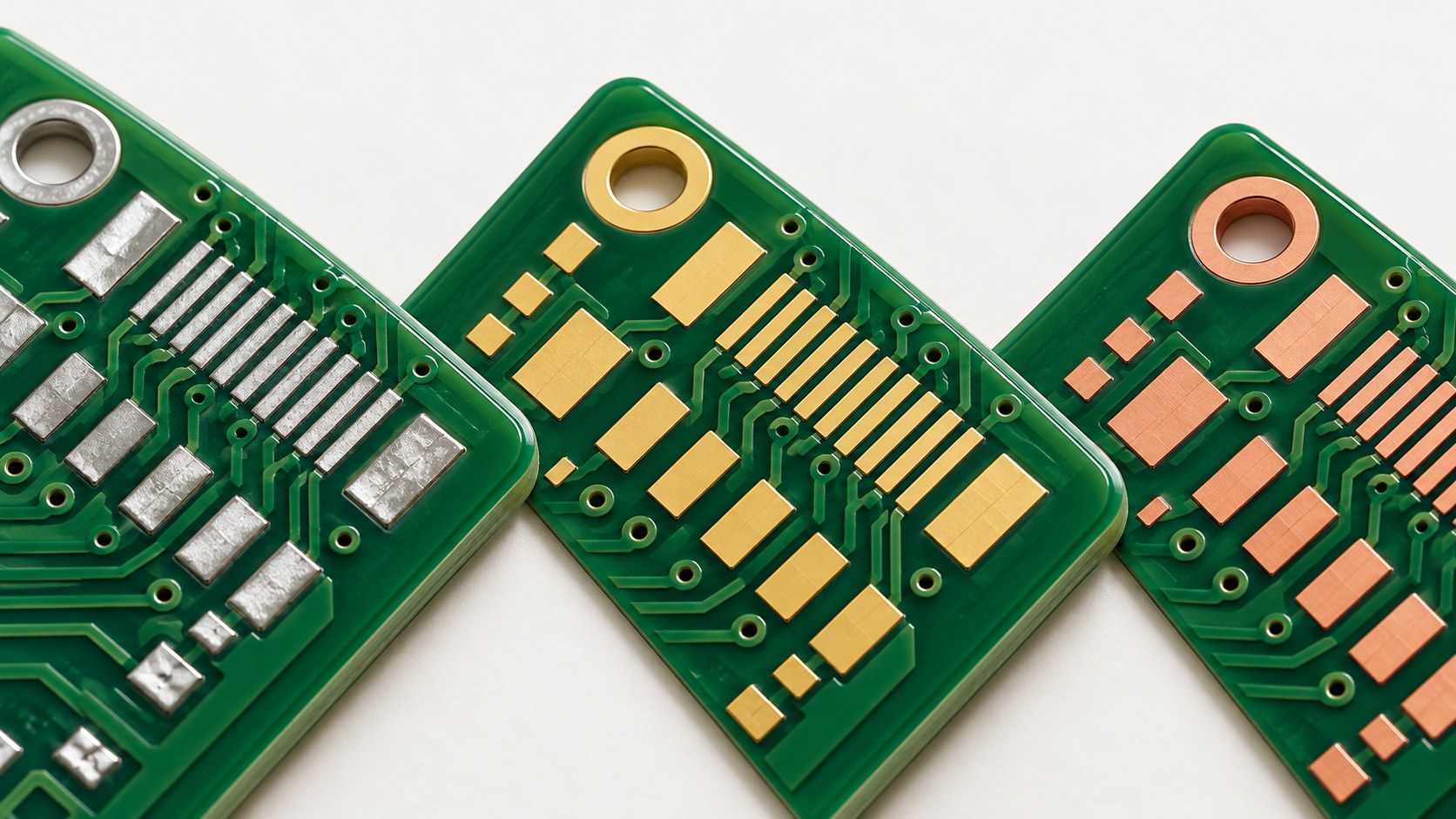Concept illustration comparing silver HASL, gold ENIG and copper-colored OSP pads on three PCB corners
