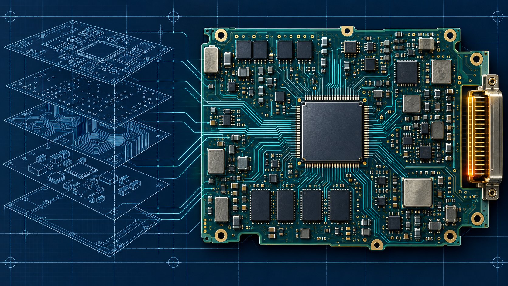 Concept illustration of an airborne processor PCB beside layered manufacturing drawings on a navy blueprint background
