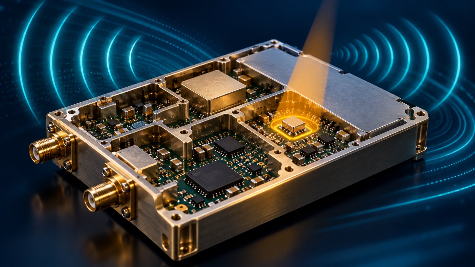 Conceptual Mode S transponder RF board illustration with one component highlighted for sourcing review
