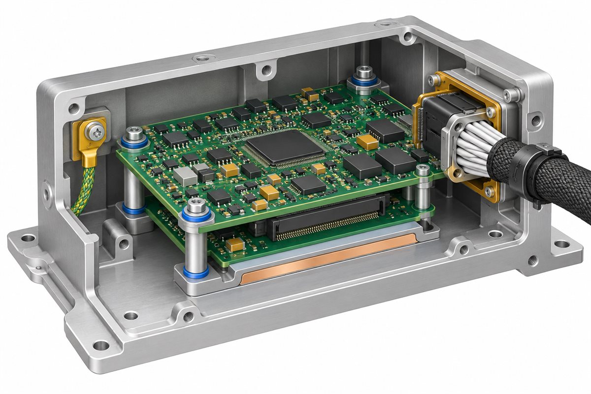 Conceptual illustration showing processor PCB standoffs, chassis bond and harness interface inside an electronics enclosure