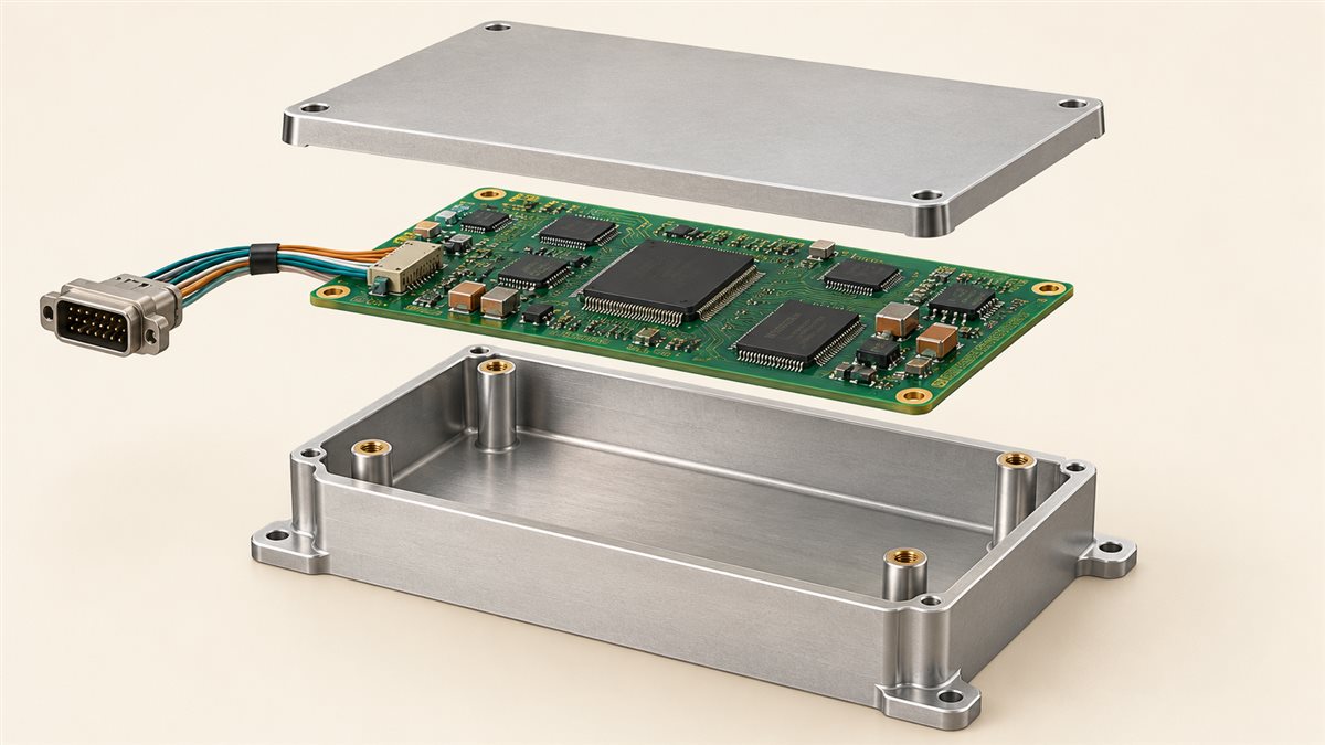Conceptual exploded illustration of a processor PCB, wiring harness, lid and electronics enclosure for box-build planning