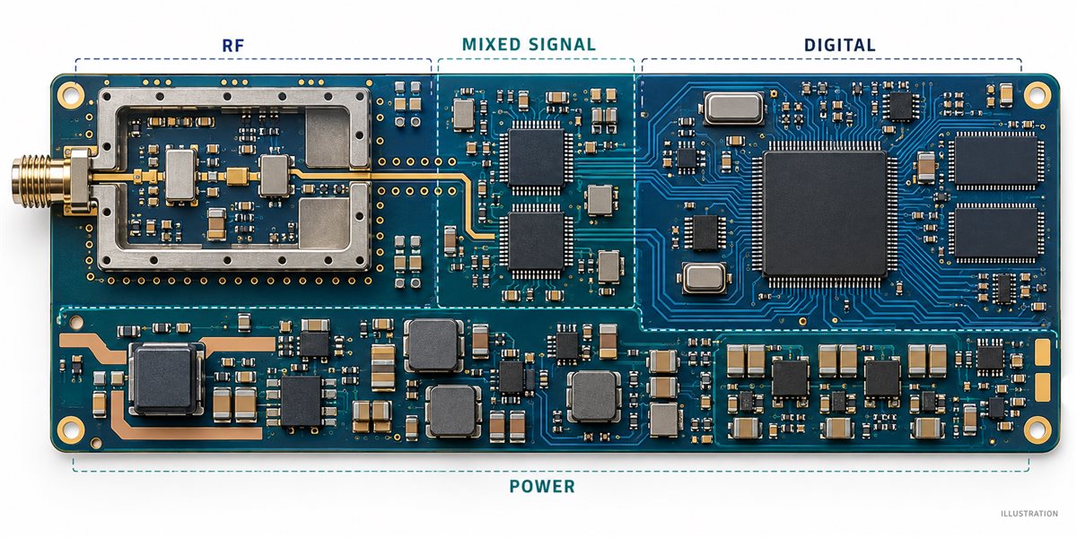 Conceptual illustration of separate RF, mixed-signal, digital and power regions on one modem PCB