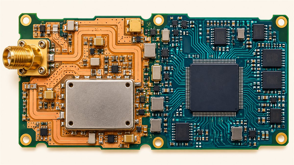 Conceptual top-down modem PCB illustration contrasting copper RF circuitry with teal digital processing circuitry