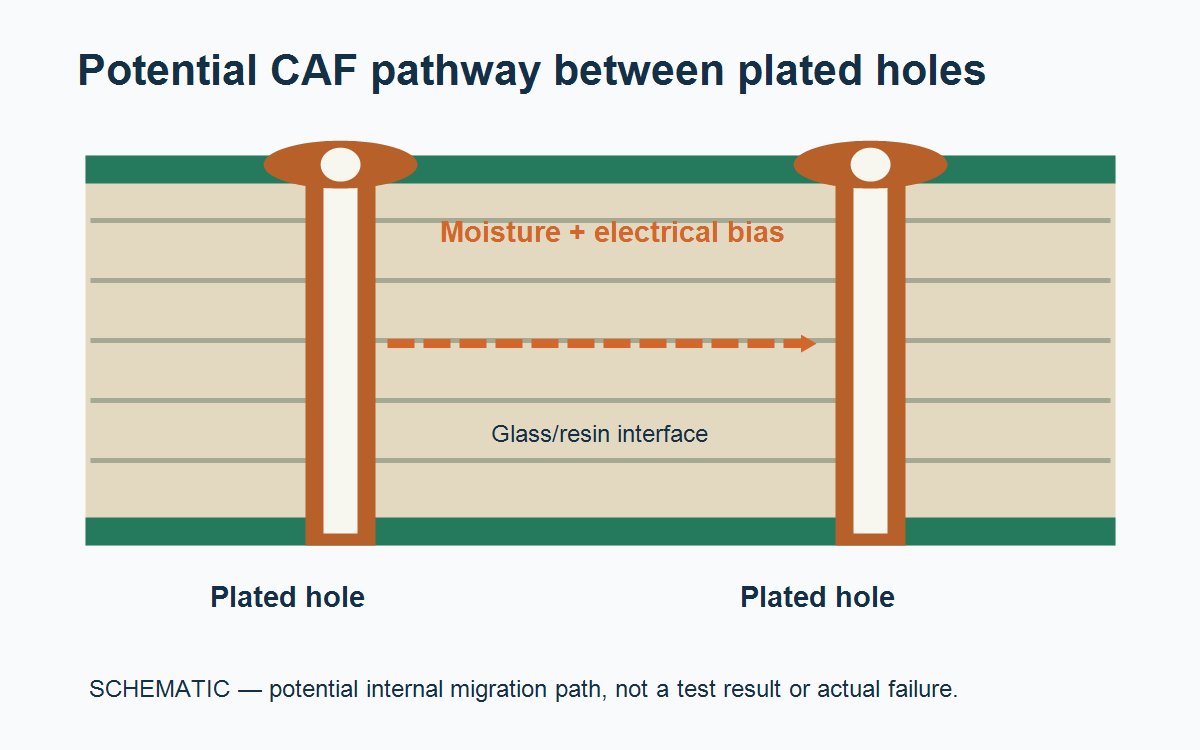 Schematic of a potential internal CAF path between two plated through-holes along a glass-resin interface