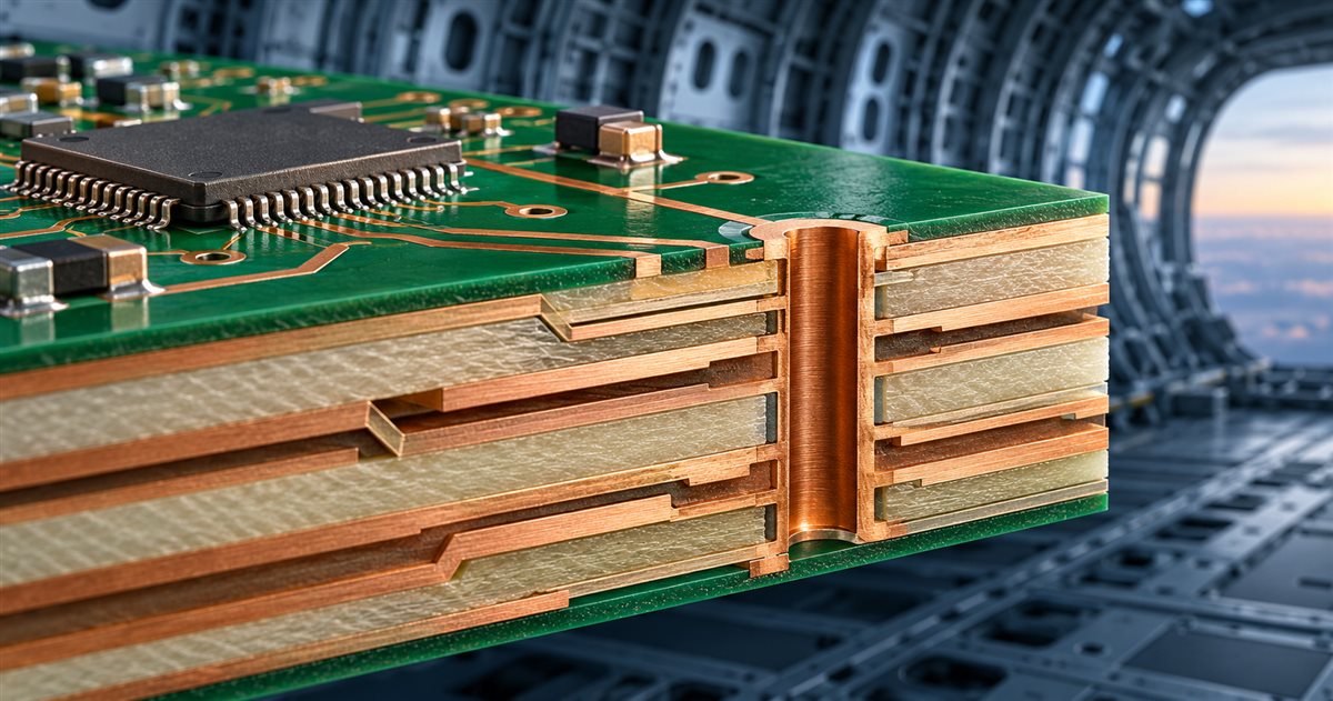 Conceptual cutaway of a multilayer PCB showing copper planes, resin layers and a plated through-hole against an abstract aircraft cargo bay