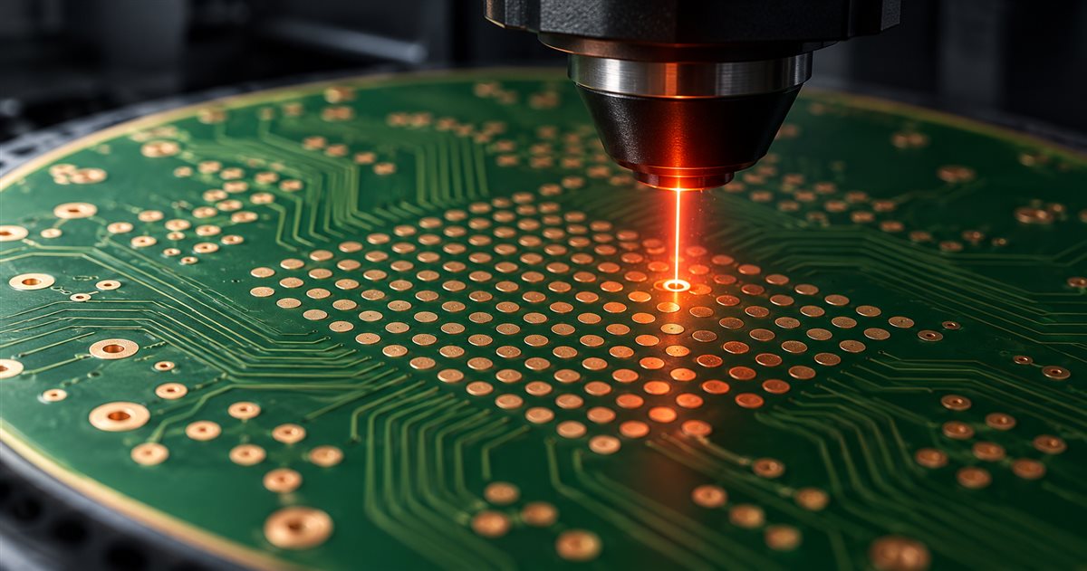 Conceptual laser drilling a small blind microvia among BGA fan-out pads on a green HDI printed circuit board