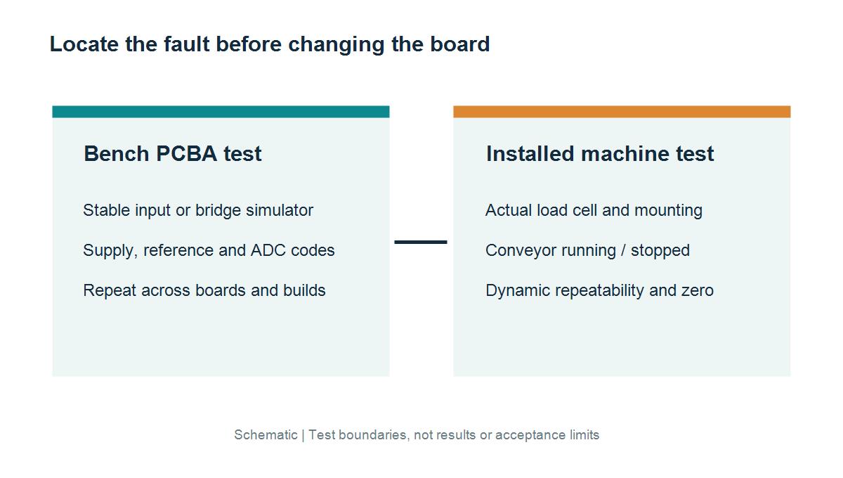 Schematic contrasting stable-input PCBA bench tests with installed running-conveyor tests