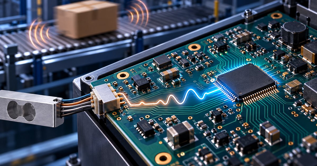 Illustration of a checkweigher control PCB receiving a precision load-cell signal beside a moving conveyor
