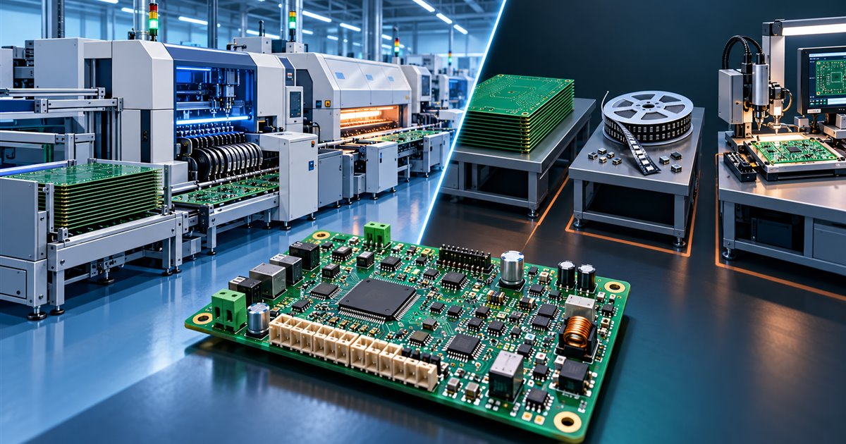 Illustration of a carton sealer controller board between an integrated PCBA line and a split supplier handoff