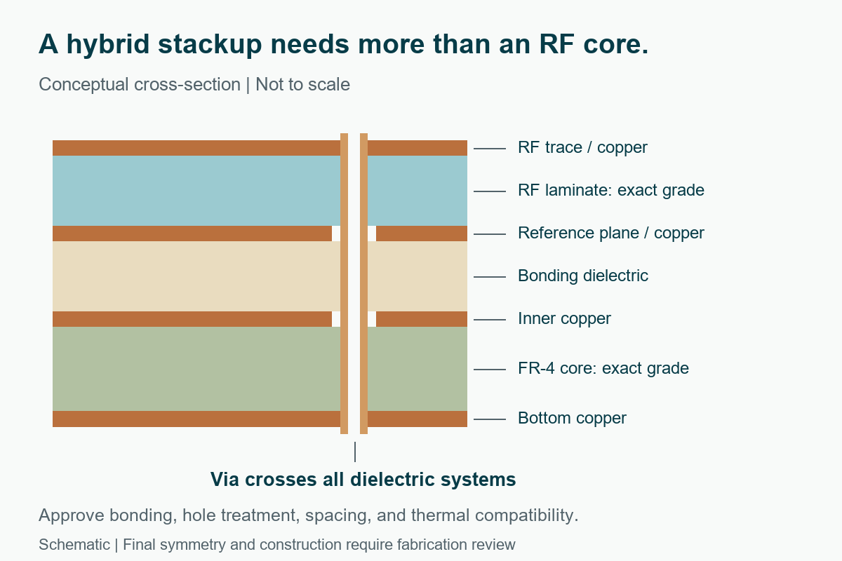 Schematic of a conceptual hybrid stackup with an RF laminate, bonding dielectric, FR-4 core, copper layers, and a plated through-hole