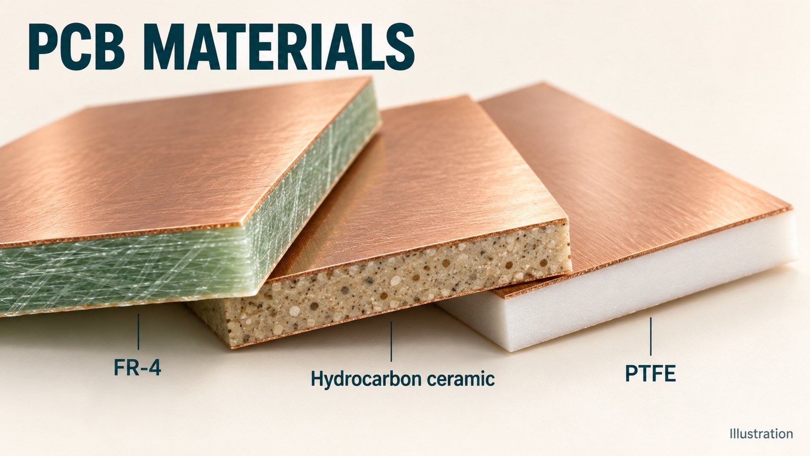 Illustration of three overlapping copper-clad laminate samples representing glass epoxy, hydrocarbon ceramic, and PTFE composites