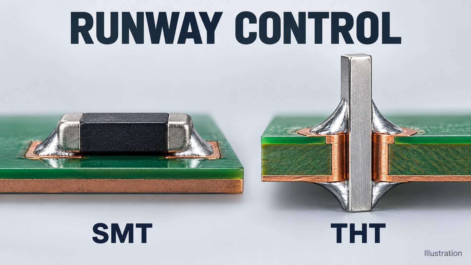 Illustration comparing an SMT resistor soldered to surface pads with a terminal pin soldered through a plated PCB hole