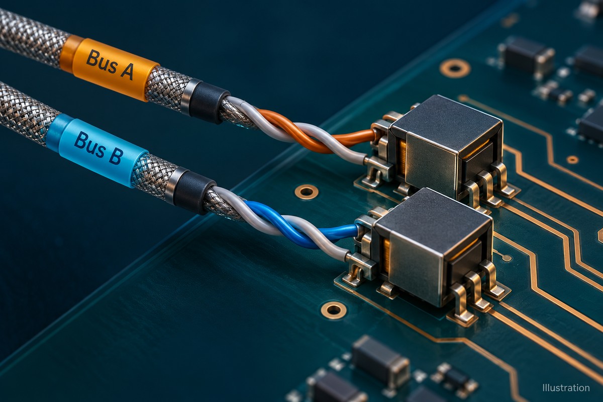 Illustration of two color-coded MIL-STD-1553 bus connections beside pulse transformer packages on a conceptual circuit board