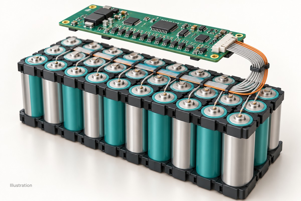 Illustration of a compact battery cell module with a separate green monitoring PCB and a clearly arranged sense-wire harness