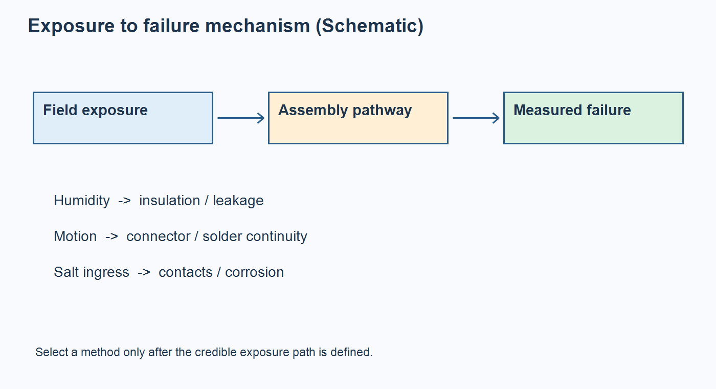 Schematic mapping field moisture, mechanical motion, and salt ingress to PCB assembly failure mechanisms