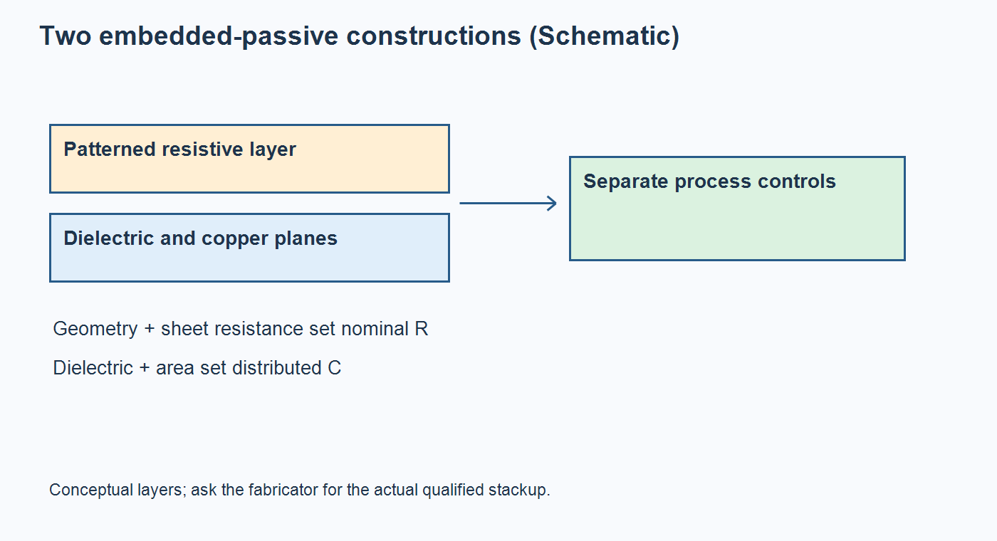 Schematic comparing a buried resistive element and an embedded capacitance plane in a PCB stackup