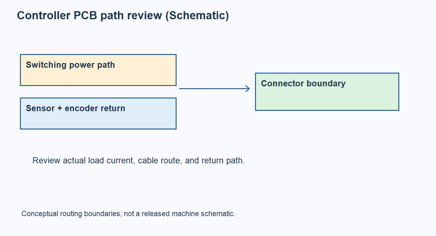 Schematic separating switching current paths from sensor and encoder return paths on a strapping machine controller PCB
