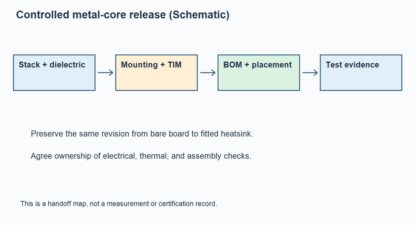 Schematic release package connecting copper-core PCB construction, mounting hardware, assembly files, and inspection evidence