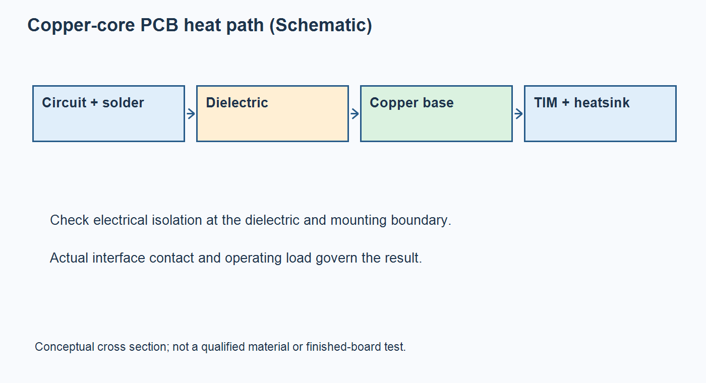 Schematic cross section of circuit copper, dielectric, copper base, interface material, and heatsink in a copper-core PCB
