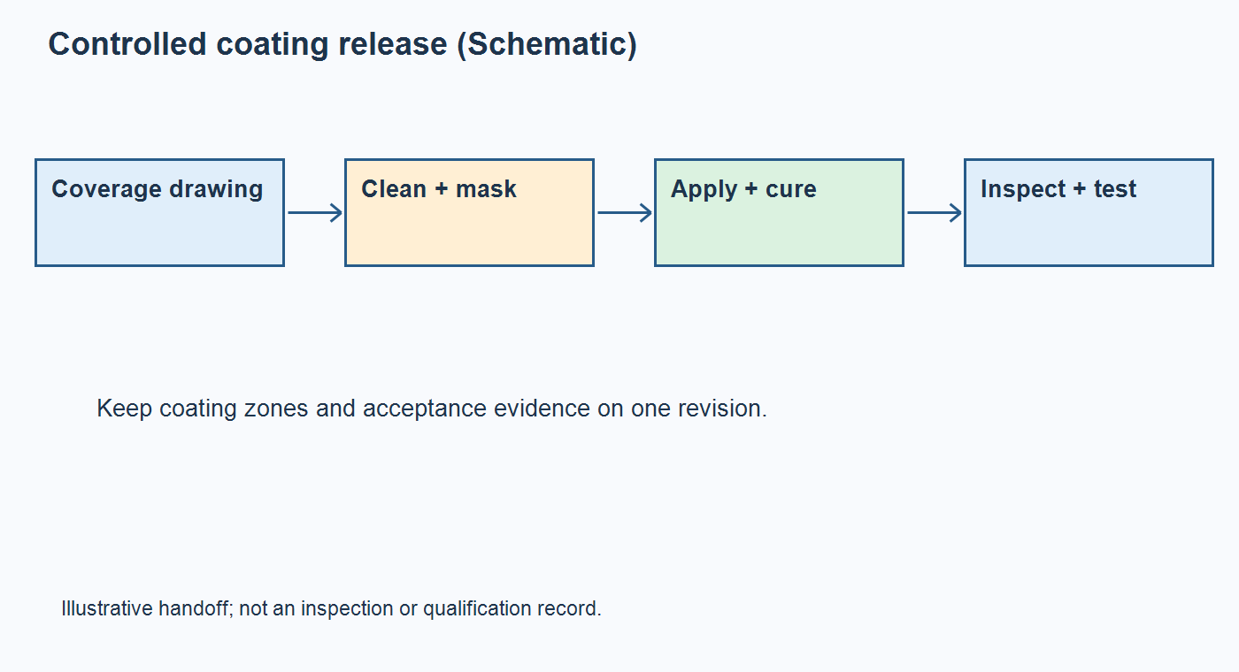 Schematic release flow linking coating drawing, cleaning, application, cure, inspection, and test records
