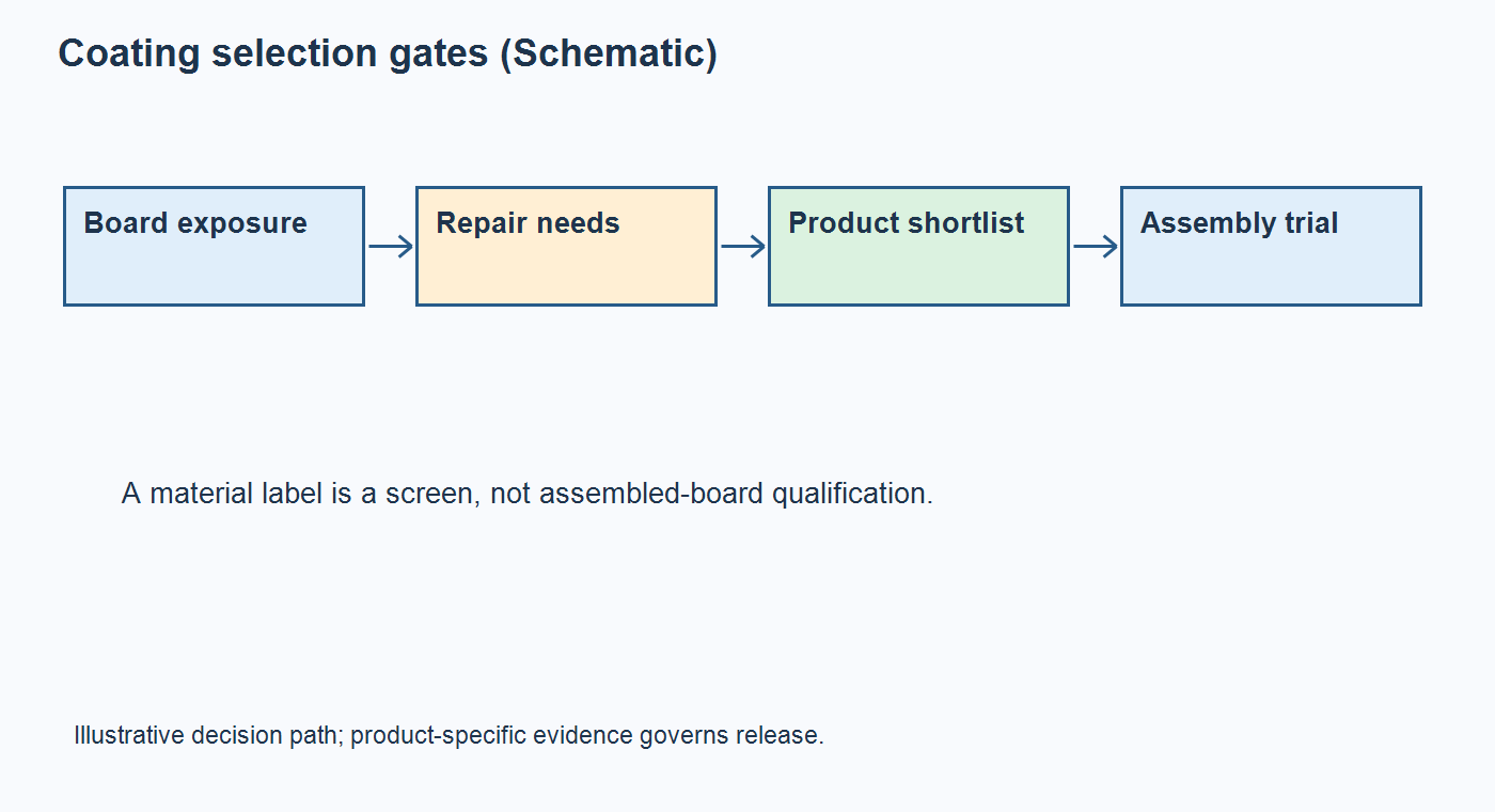 Schematic mapping PCB exposure and repair needs to coating material and assembly validation decisions