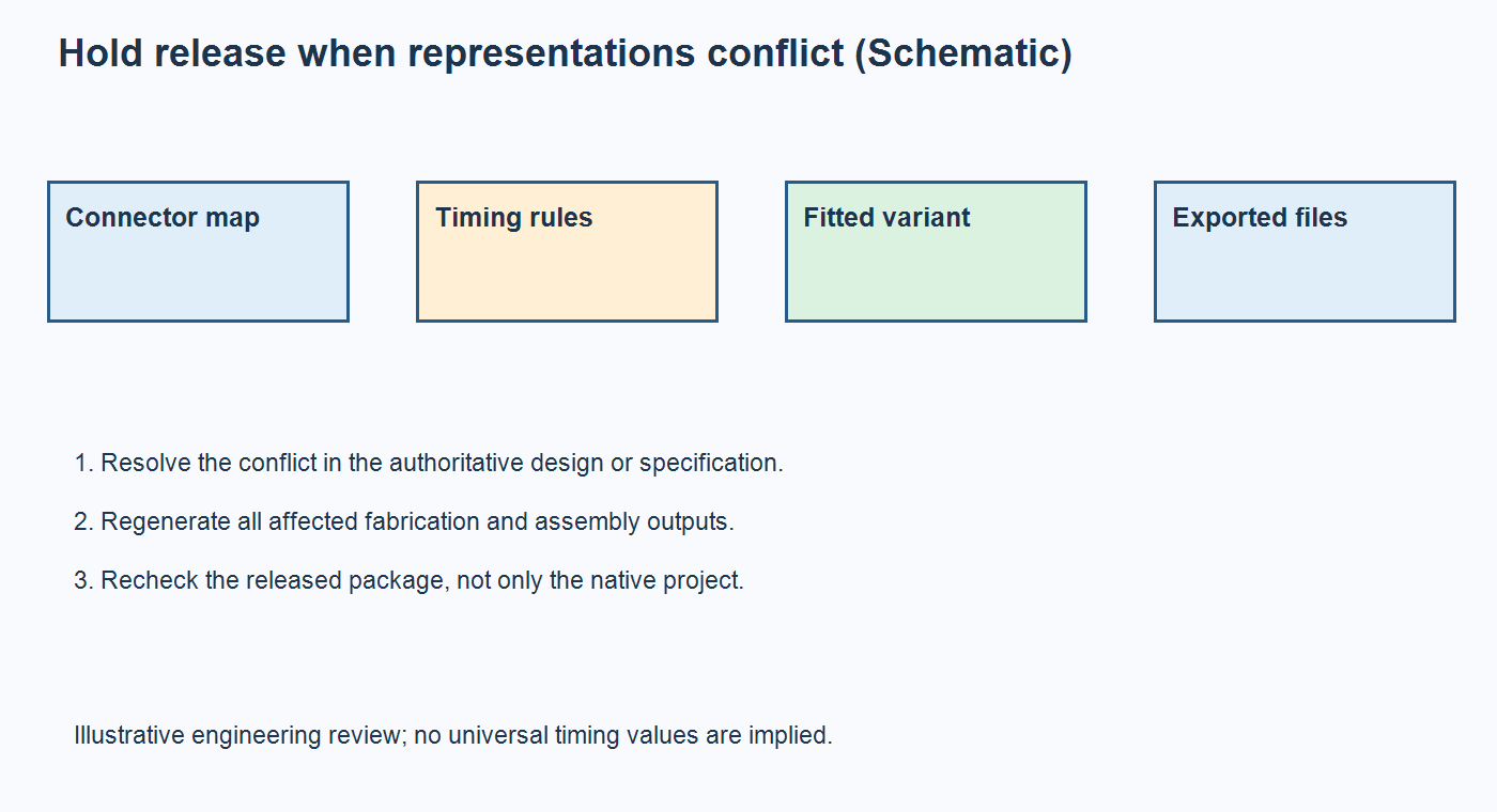 Schematic mapping labeling controller connector, timing, population, and file mismatches to release hold decisions