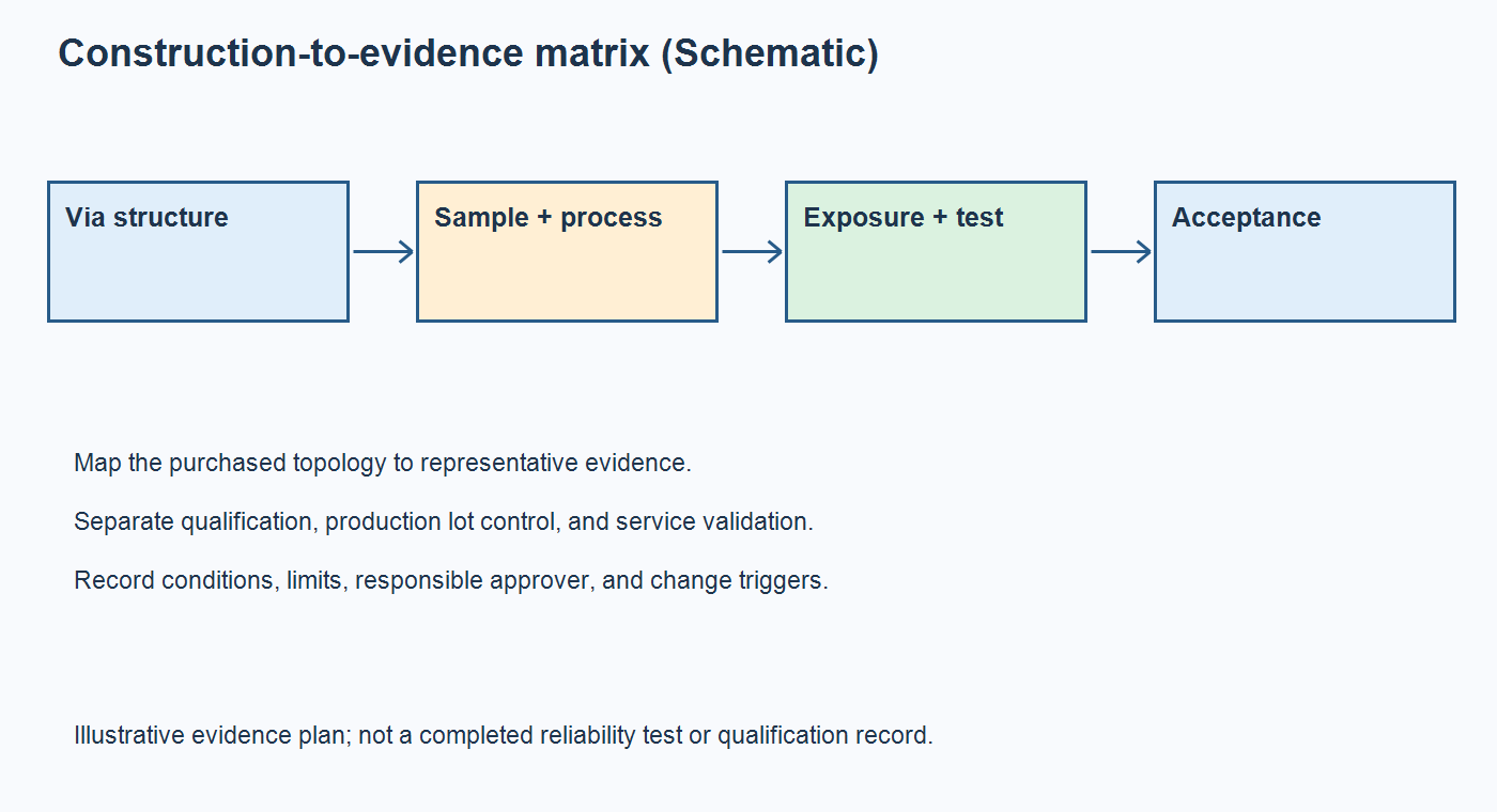 Schematic linking an ELIC interconnect construction to representative samples, thermal exposure, electrical measurements, and acceptance approval