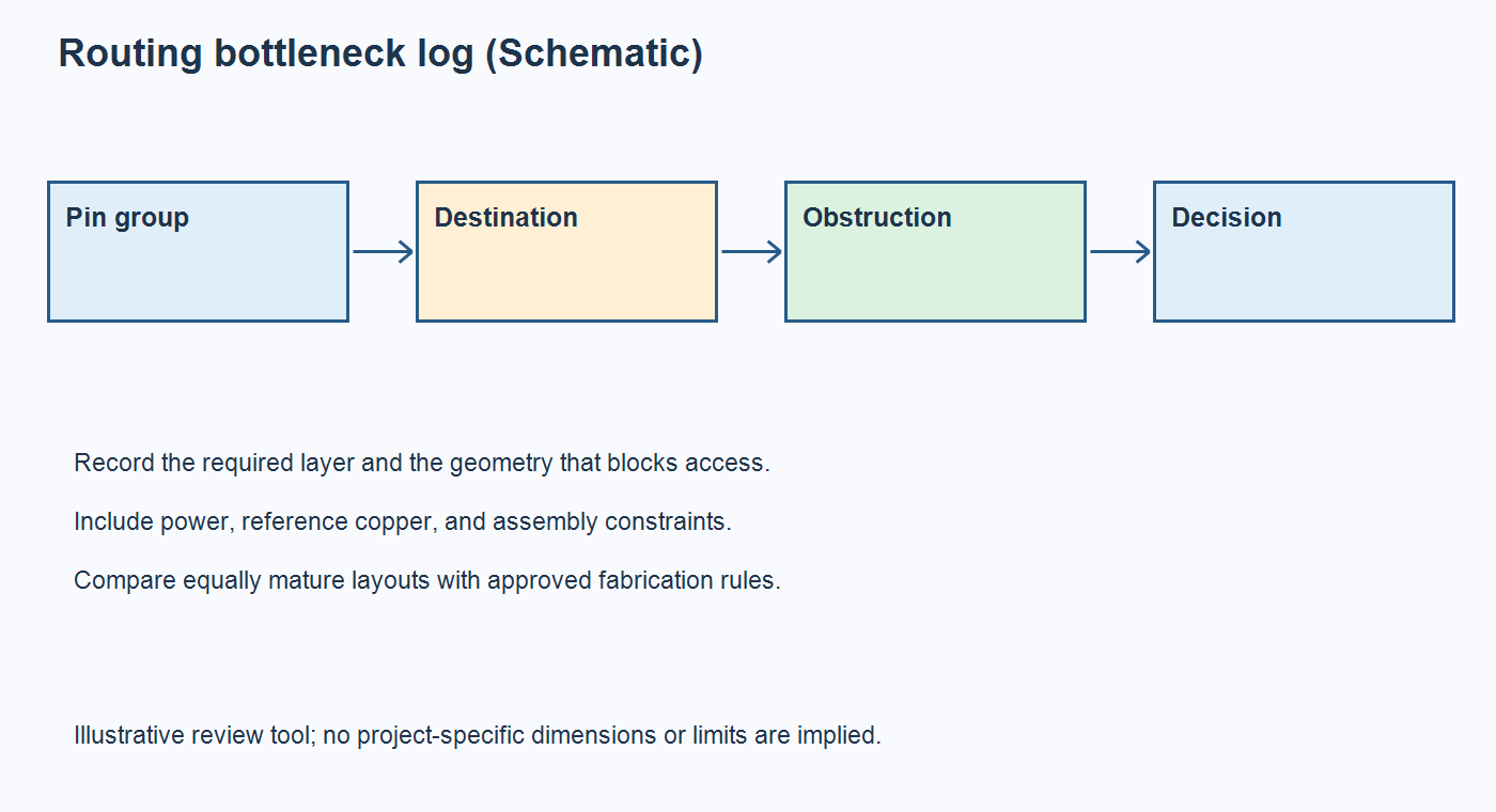 Schematic of a routing bottleneck log linking blocked pin groups, destination layers, obstruction, and construction decision