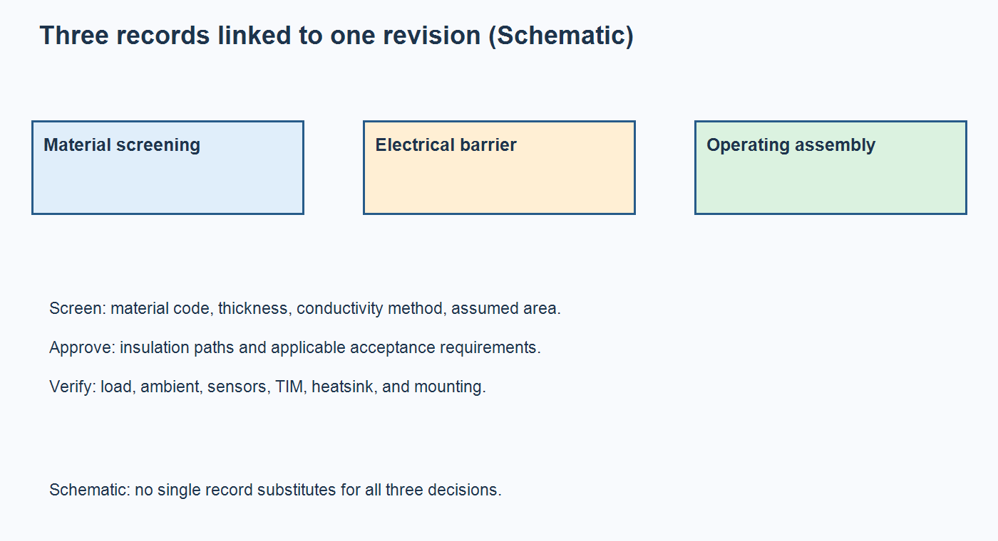 Schematic separating dielectric screening, electrical isolation approval, and installed thermal verification into three evidence records