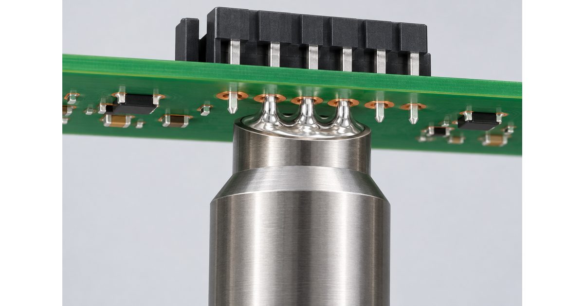 Conceptual mini-wave nozzle applying solder to selected through-hole pins beneath a mixed-technology PCB