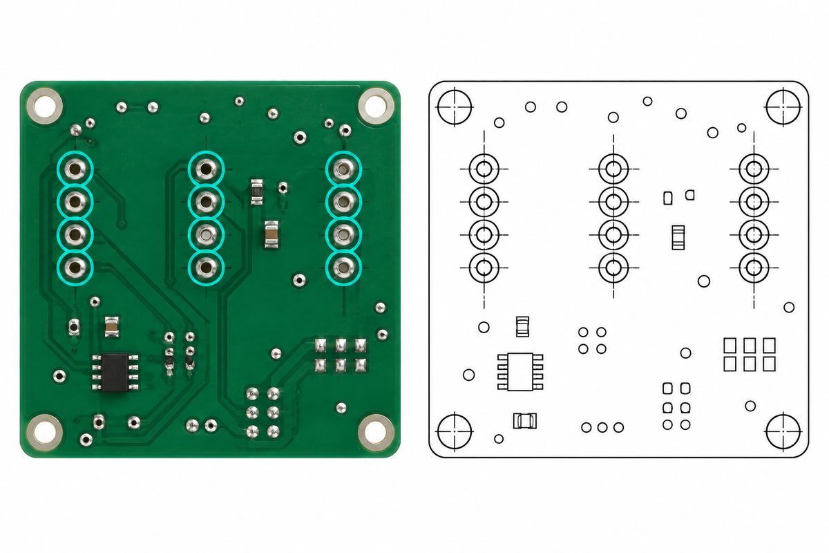 Conceptual PCB underside joint map highlighting selected through-hole lands beside an engineering drawing