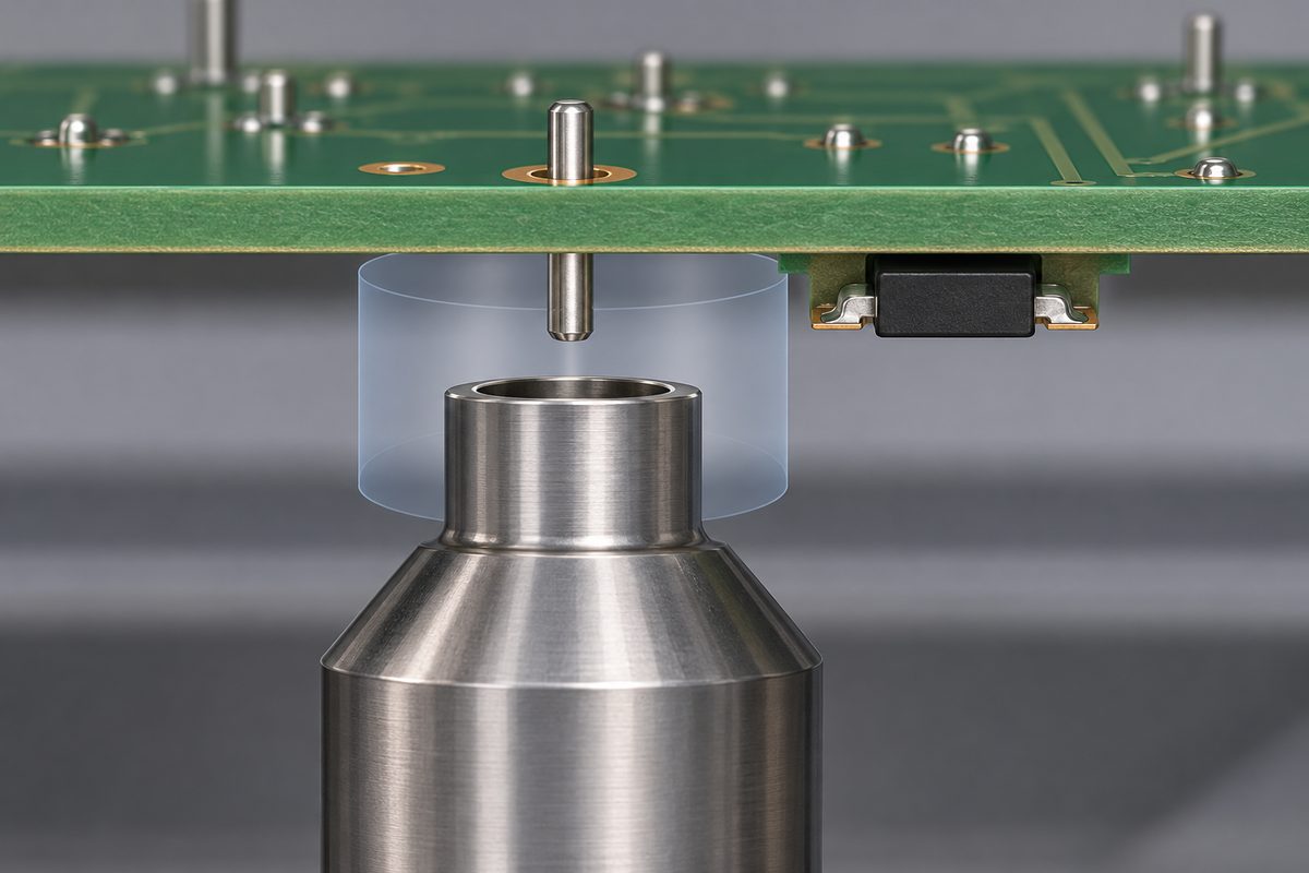 Conceptual selective-solder nozzle access below a through-hole pin with a separated underside component and clearance envelope